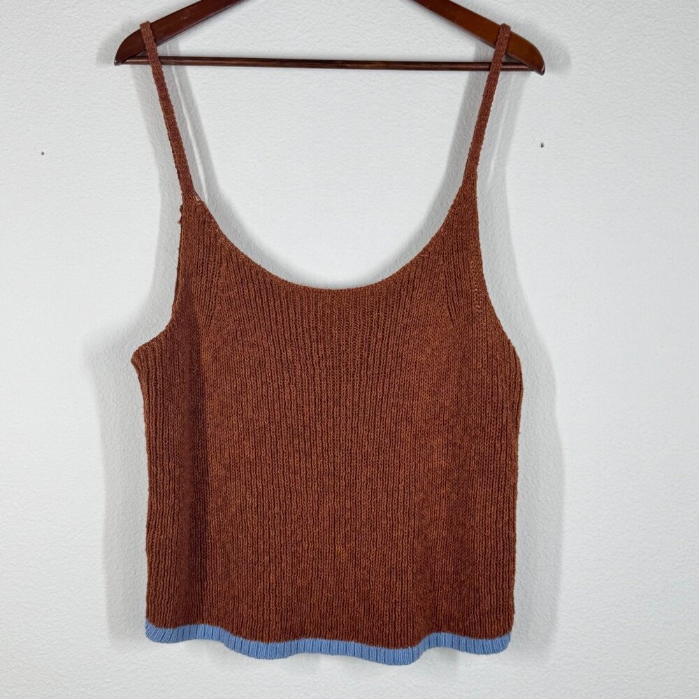 Pilcro Knit Top Cropped Brown Blue Trim Sz XL Spaghetti Strap